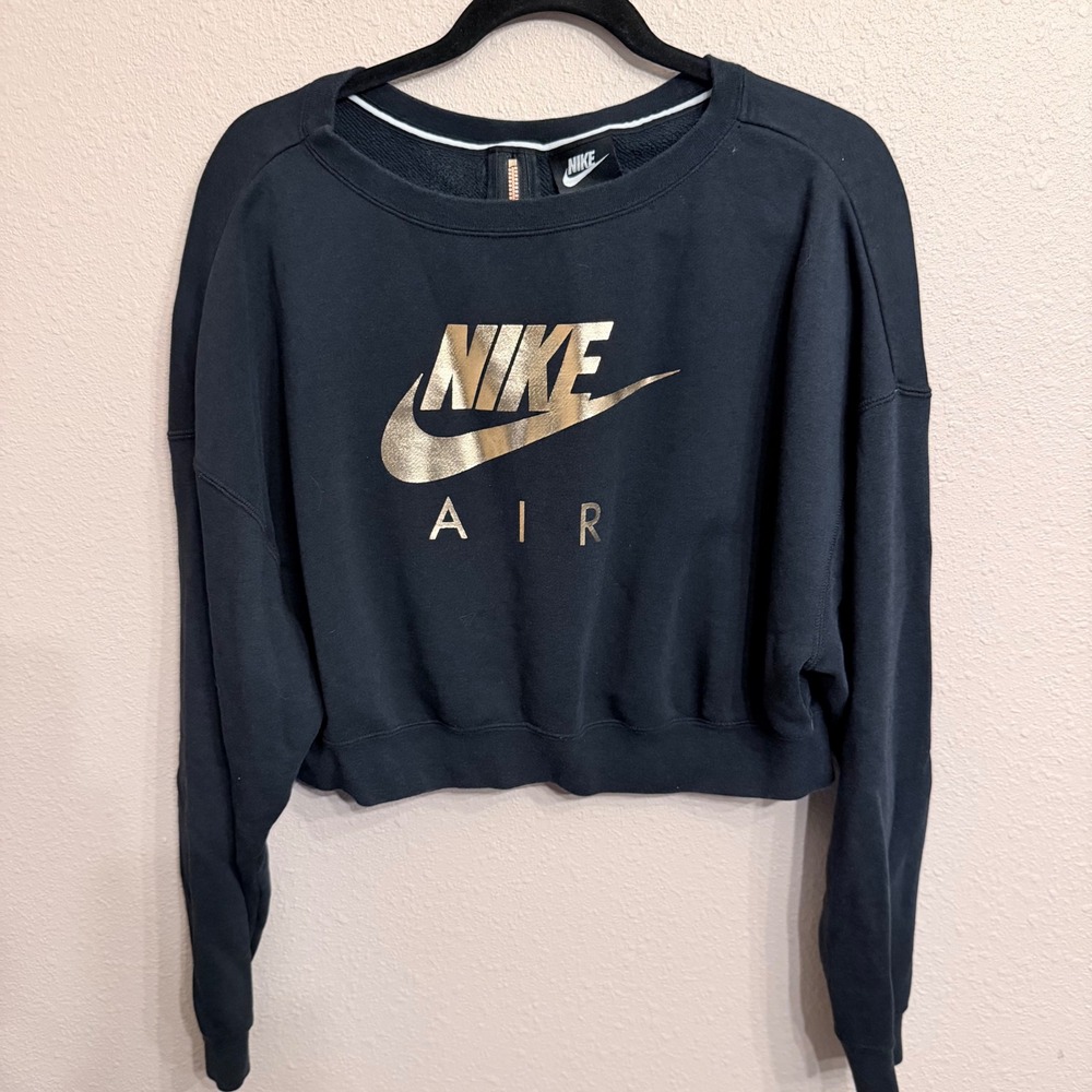 Nike Air Women Black Gold Foil Logo Cropped Back Zip Sweatshirt Medium